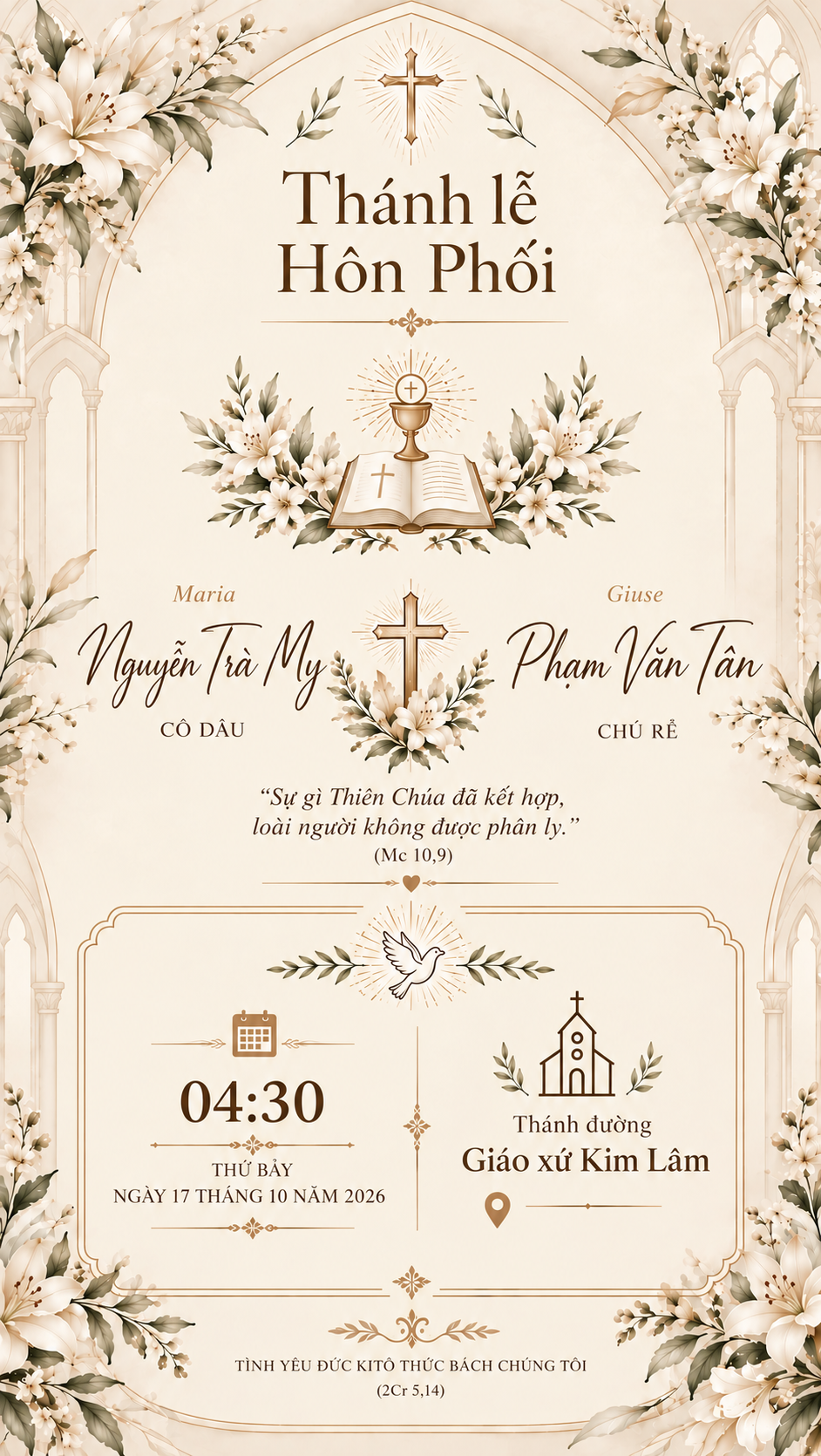 Thiệp Thánh lễ Hôn Phối của Maria Trà My và Giuse Văn Tân, lúc 04:30 thứ Bảy ngày 17 tháng 10 năm 2026 tại Thánh đường Giáo xứ Kim Lâm